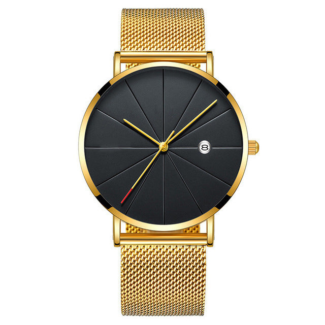 Calendar Thin Mens Watch Stainless Steel Mesh Band Quartz Wrist Watches Men Clock