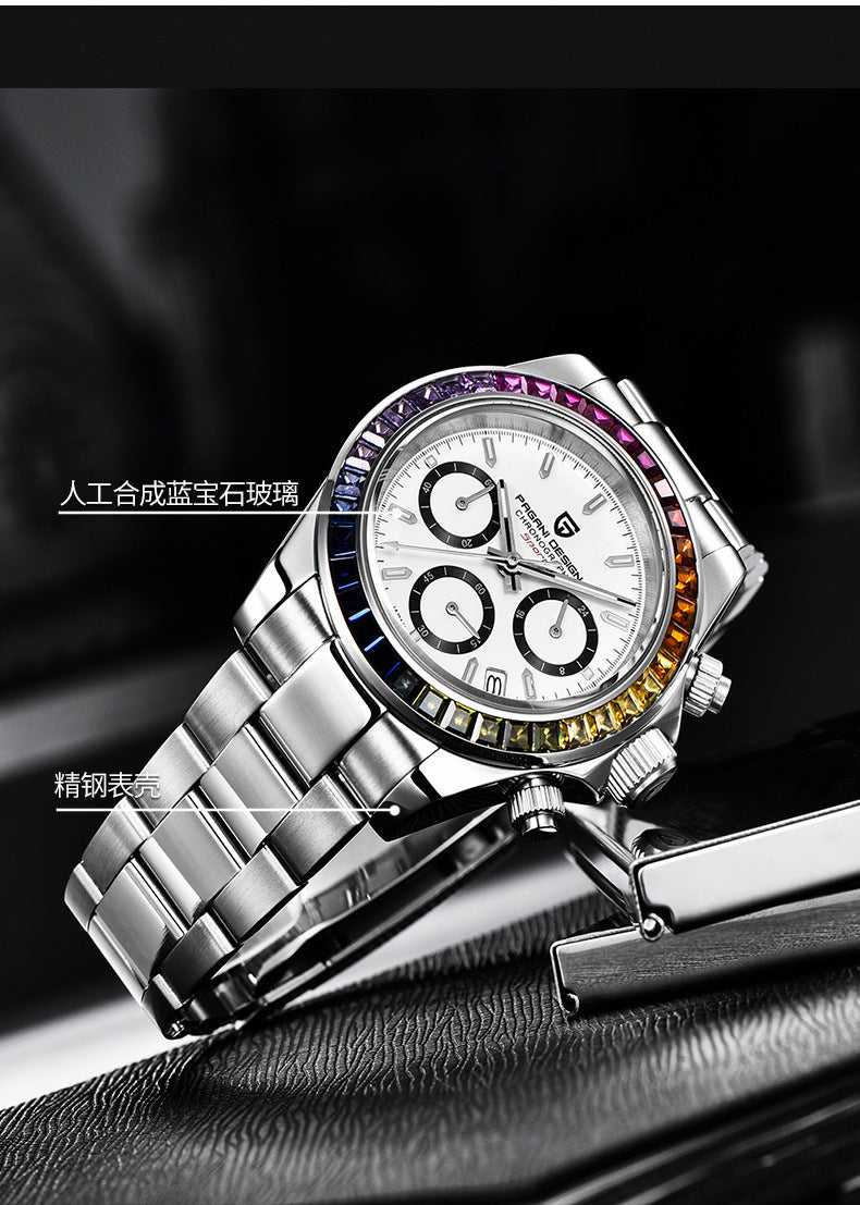 Men's Multifunctional Stainless Steel Colorful Crystals Waterproof Quartz Watch