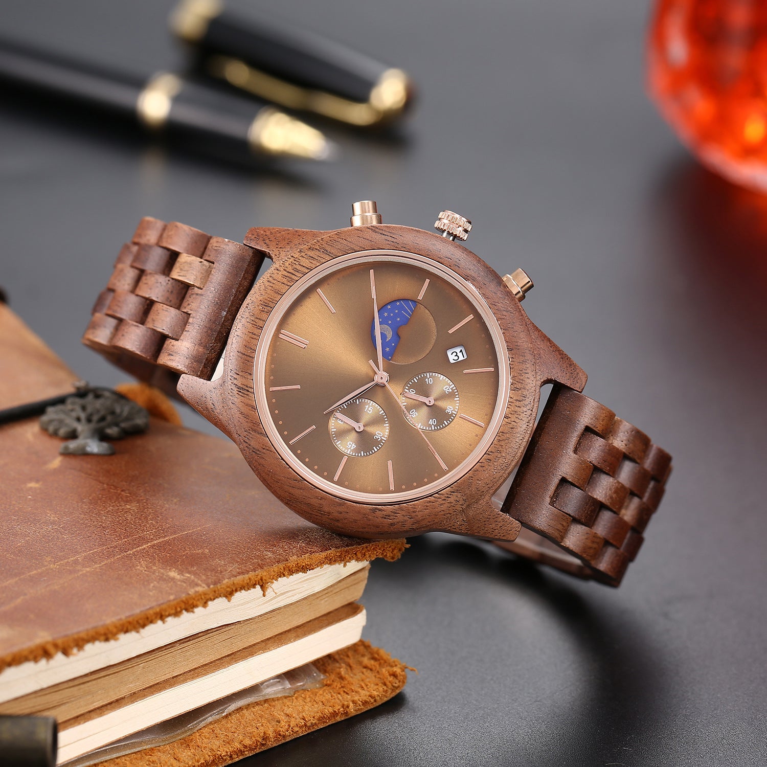 Quartz Mens Full Wood Strap Functional Wood Watch