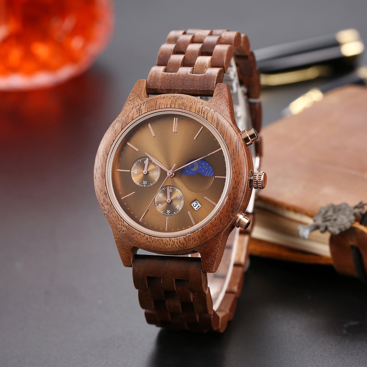 Quartz Mens Full Wood Strap Functional Wood Watch