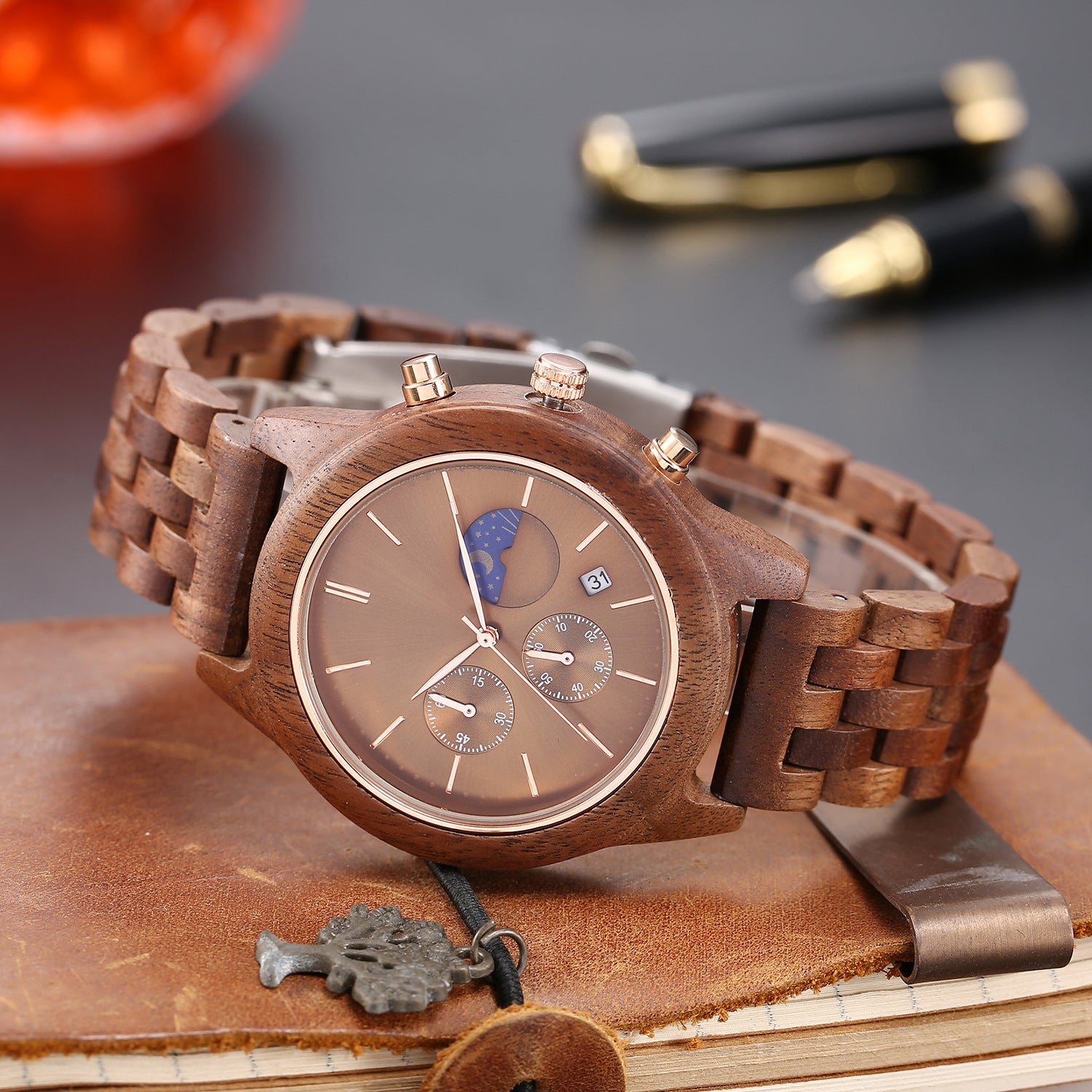 Quartz Mens Full Wood Strap Functional Wood Watch